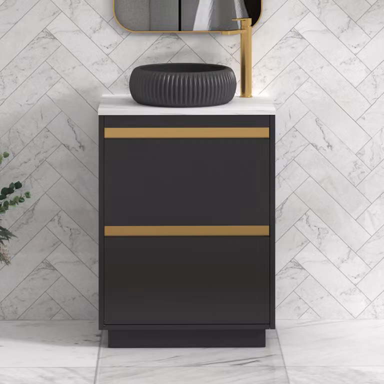 Royal Bathrooms Orion 800mm Matt Obsidian Black Floor Standing Countertop Vanity Unit with 2 Drawers, Milan Black Basin and Brushed Brass Accent Trim