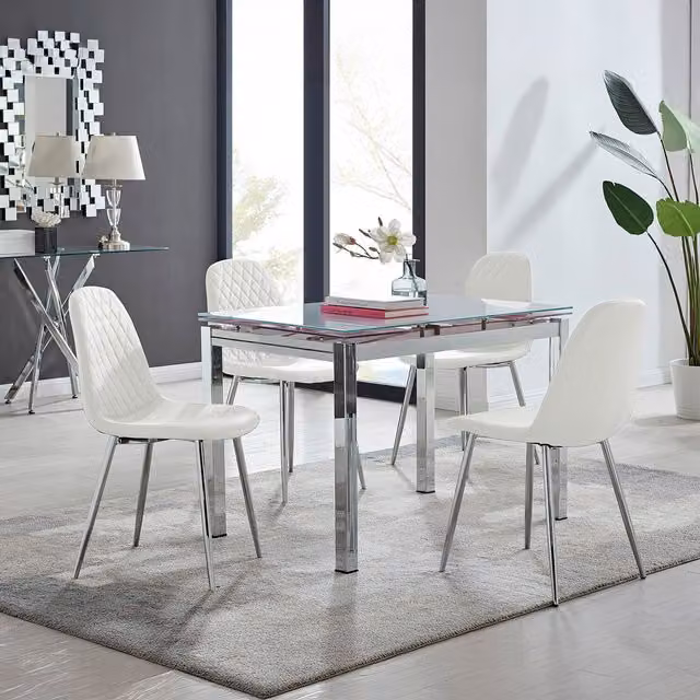 Furniturebox Enna White Glossy Glass Extending Dining Table and 4 Corona Silver Leg Chairs
