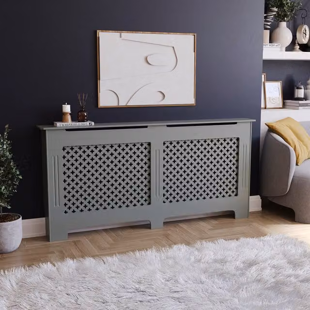 Vida Designs Oxford Radiator Cover in Olive Grey, H82 x W172 x D19 cm – 1