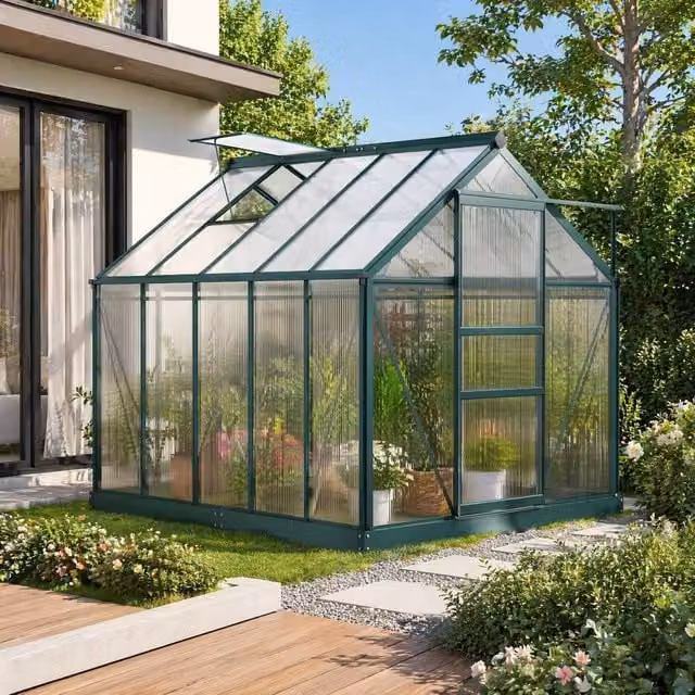 STILVORA Green Walk-In Greenhouse with Sliding Door, Window and Rain Gutter, Aluminium and Polycarbonate, W/D/H: 312 x 201 x 190 cm