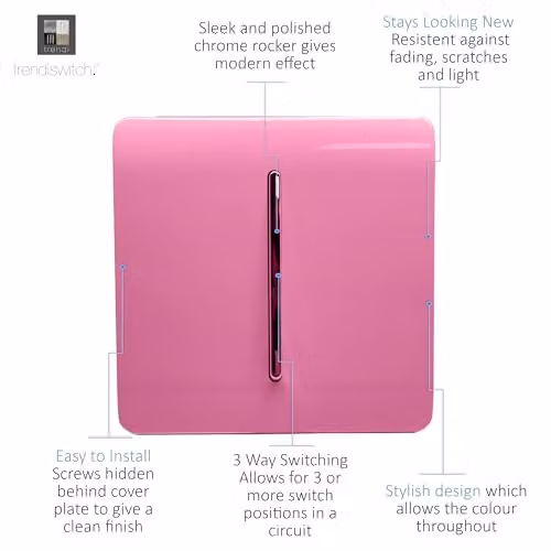 Trendi 1 Gang 3 Way Intermediate 10 Amp Rocker Light Switch in Pink and Silver – 2