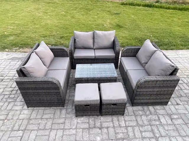 Fimous 8 Seater Wicker Rattan Garden Furniture Set in Dark Grey with U-Shape Sofa, Rectangular Coffee Table and 2 Footstools