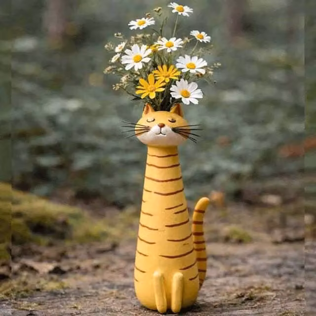 Quipulse Style 4 Cute Cat Shaped Decorative Flower Vase in Multicolour Striped Ceramic and Plastic