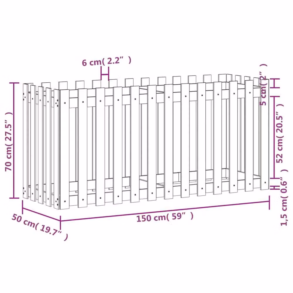 Berkfield Home Garden Raised Bed with Fence Design in Black Solid Wood, W: 150 cm, D: 50 cm, H: 70 cm – 6