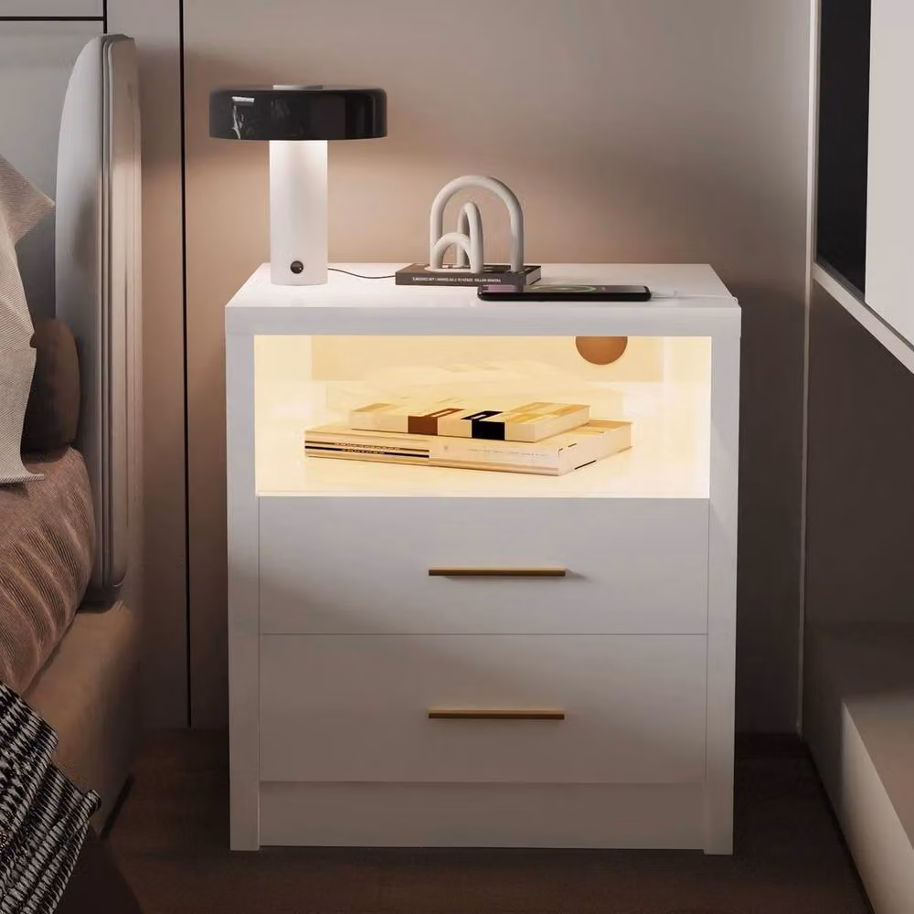 VOGREX White Matt Bedside Cupboard Side Table with Integrated LED Lighting – 2