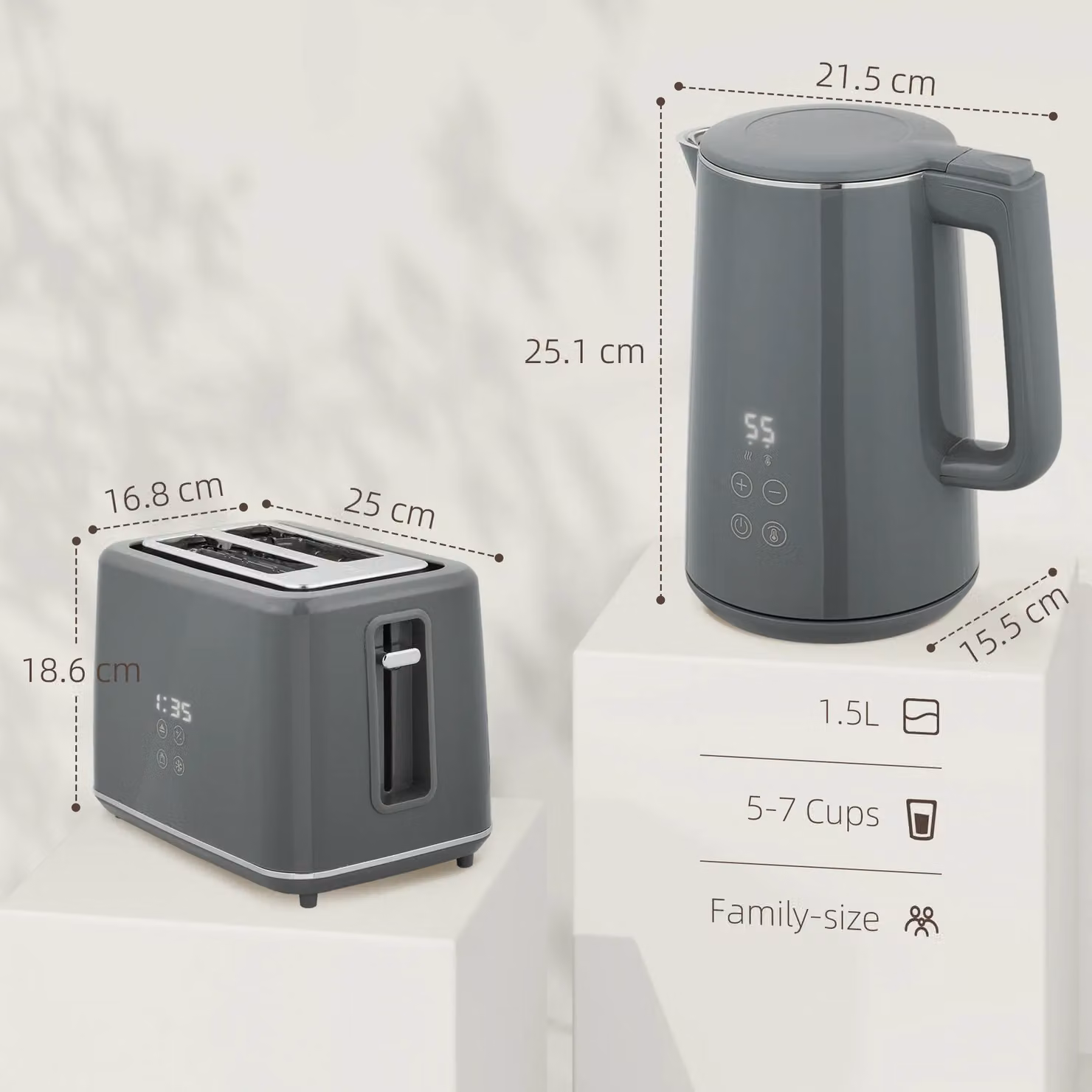 HOMCOM Grey Electric Kettle 1.5L and 2 Slice Toaster Set – 2