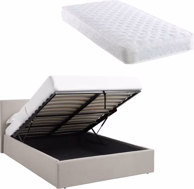 TEDDY BOUCLE Single Ottoman Bed with Sprung Mattress in Beige Boucle Fabric, W/D/H: 90 x 190 cm