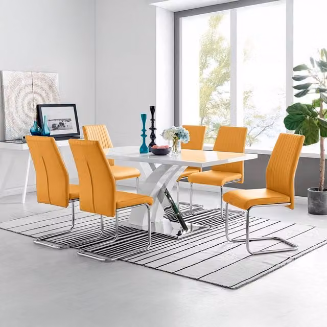 FurnitureboxUK Atlanta Modern High Gloss White Rectangular Dining Table and 6 Lorenzo Chairs Set in Mustard Yellow