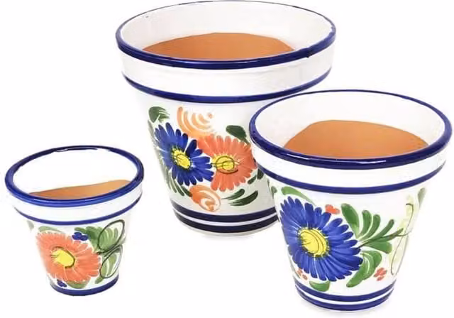 Verano Spanish Ceramics Hand Painted Floral Terracotta Ceramic Plant Pots, Set of 3, Multicolour, W/D/H: 16 x 14 x 23 cm, 23 x 22 x 29 cm, 29 x 27 x 29 cm – 1