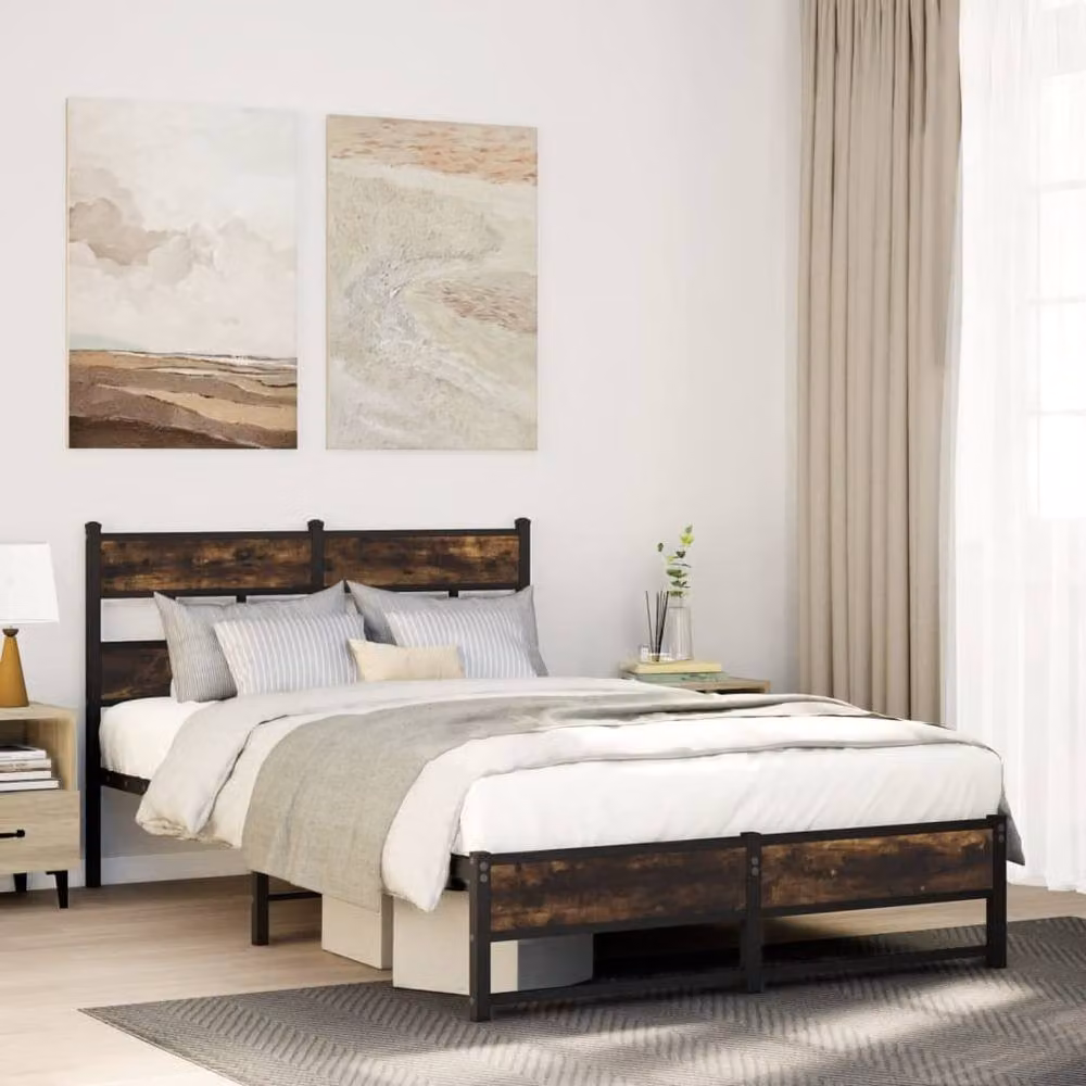 Berkfield Home Metal and Wood Bed Frame in Smoked Oak Brown, W/D/H: 120 x 200 cm – 2