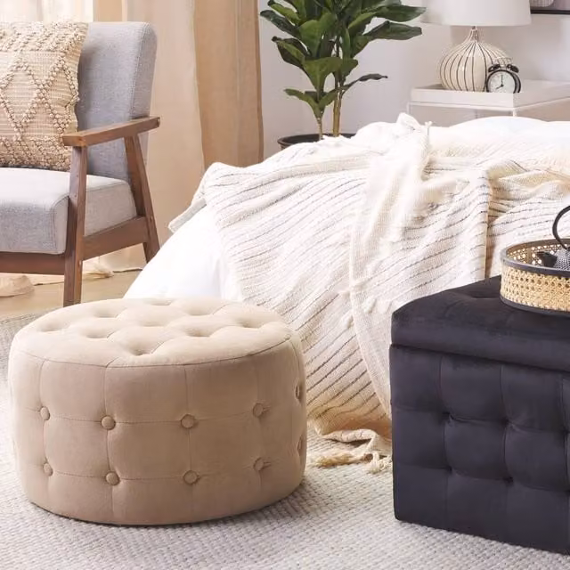 Wyld and Coco Beige Velvet Round Cylindrical Button Tufted Pouffe Footstool