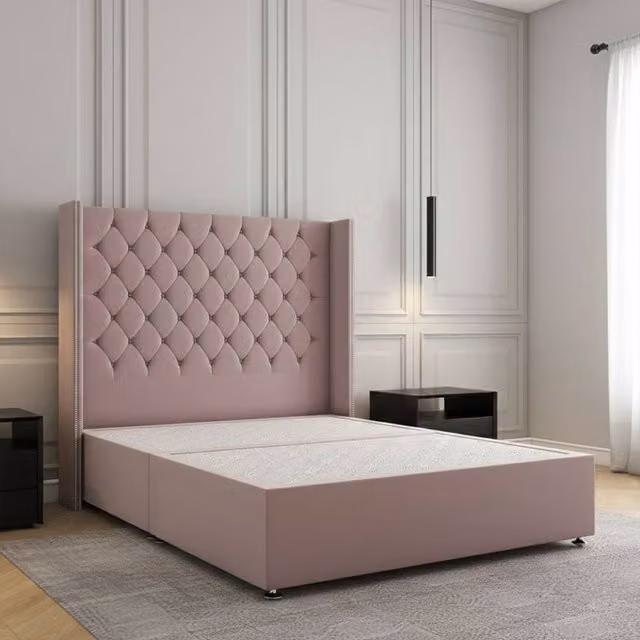 REGIONAL FURNISHINGS Super King Plush Velvet Divan Bed with 54 inch Headboard in Pink, W/D/H: 200 x 200 cm