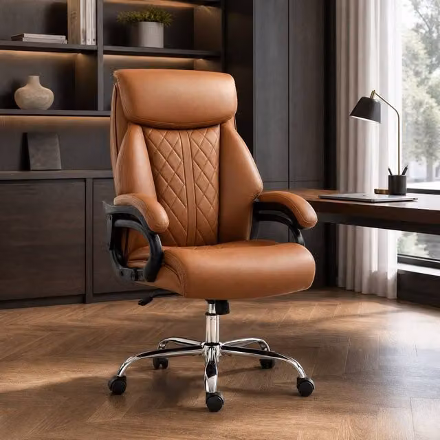 STILVORA Brown Synthetic Leather Task Chair with Headrest, Armrests and 360 Degree Swivel – 1