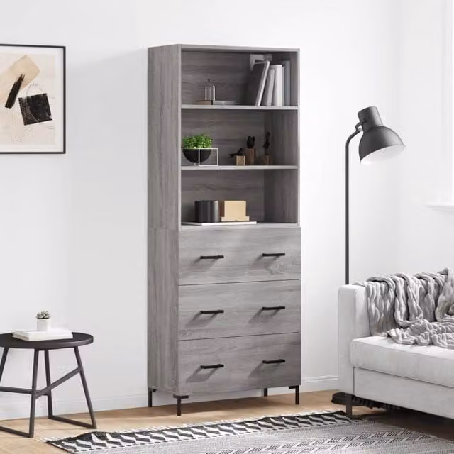 Berkfield Home Grey Sonoma Modern Highboard with Doors and Open Shelves, W: 69.5 cm, D: 34 cm, H: 180 cm
