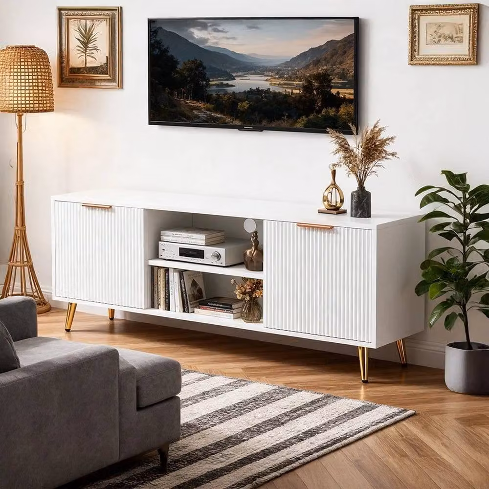 KORVIXA Modern Mid-Century TV Stand Cabinet in White with Open Storage and 2 Doors, W/D/H: 100 x 100 x 100 cm – 3