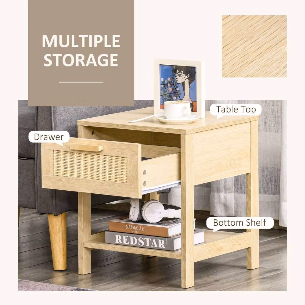 Wyld Haus Dilamo Set of 2 Farmhouse Bedside Tables with Rattan Drawer and Open Shelf in Beige – 4