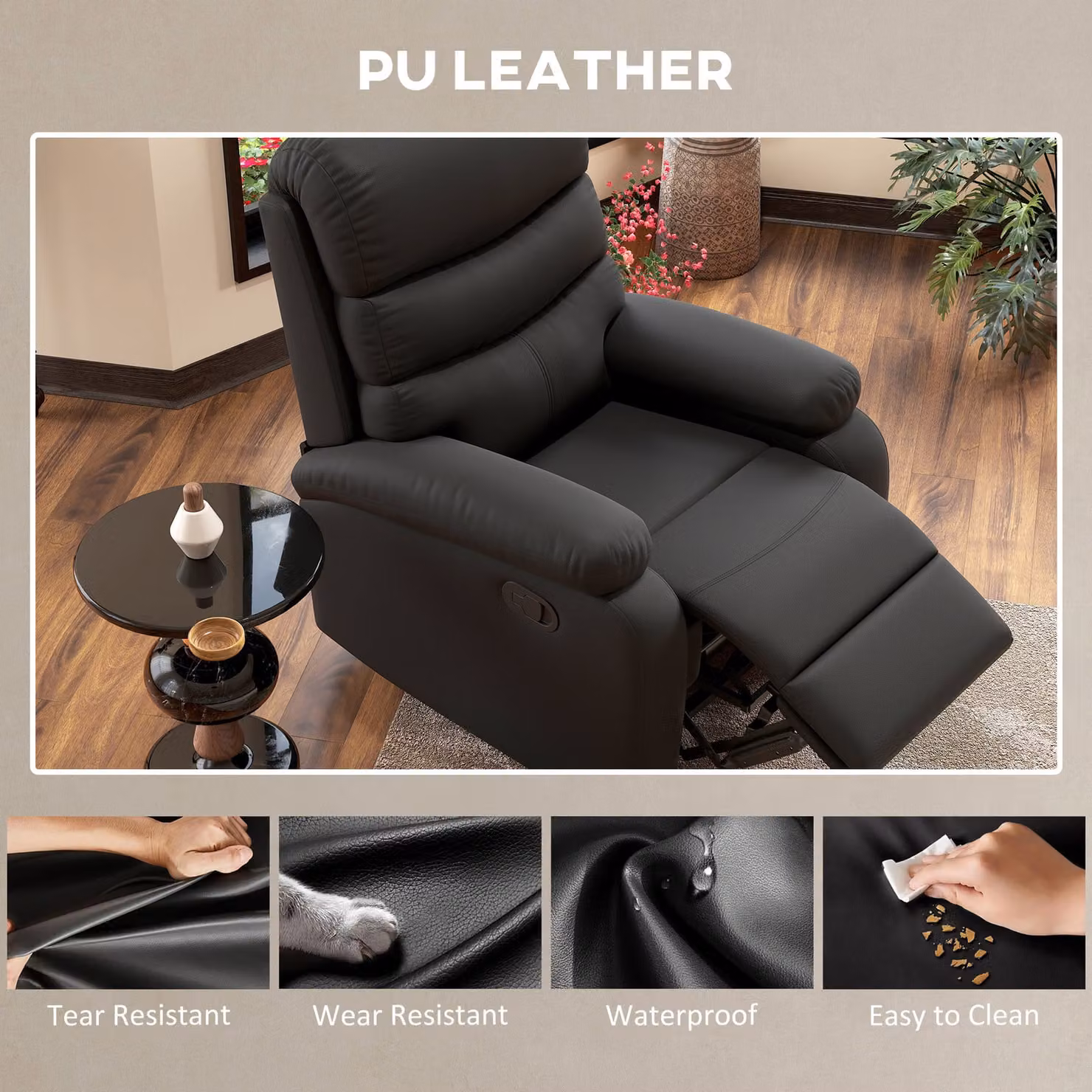 HOMCOM Black PU Leather Manual Reclining Chair with Padded Armrests and Retractable Footrest – 8