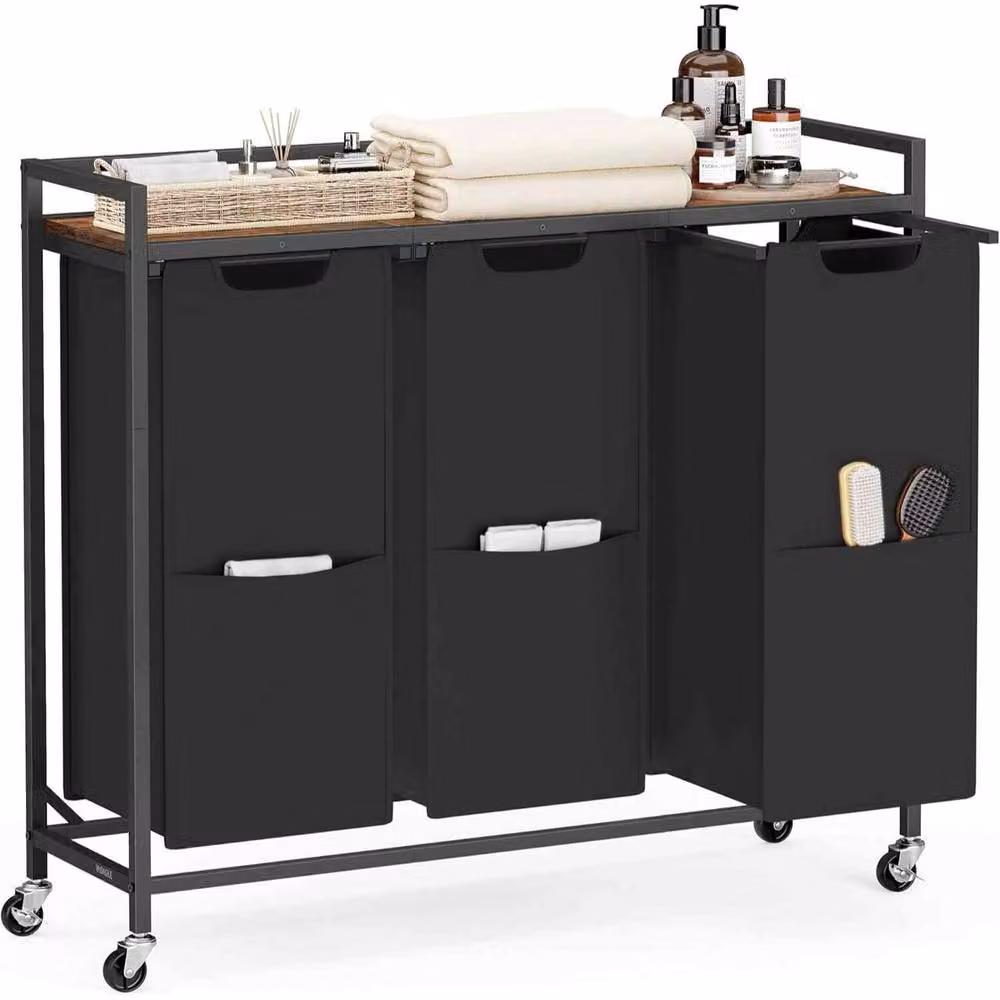 The Bazaarist 3 Bag Rolling Laundry Sorter Cart with Shelves, Black and Brown – 2