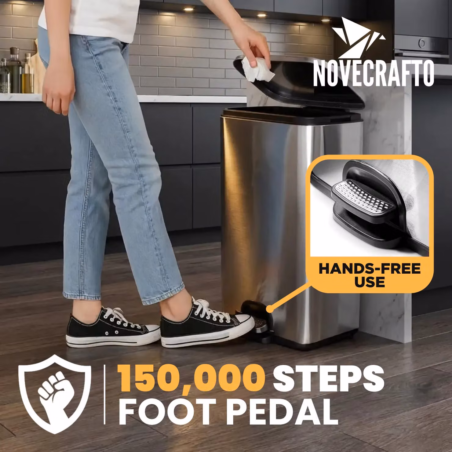 Novecrafto 50L Stainless Steel Pedal Kitchen Bin with Soft Close Lid in Black and Silver – 3