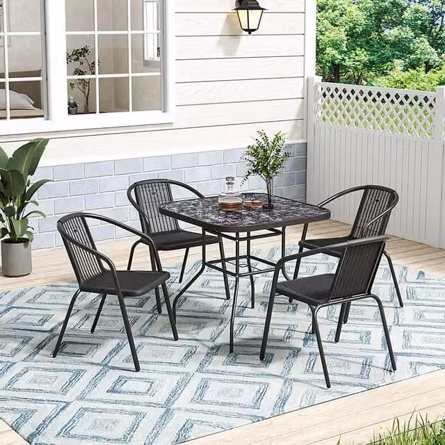Lifeideas Black Marble Effect Square Glass Garden Table and 4 Chairs Set