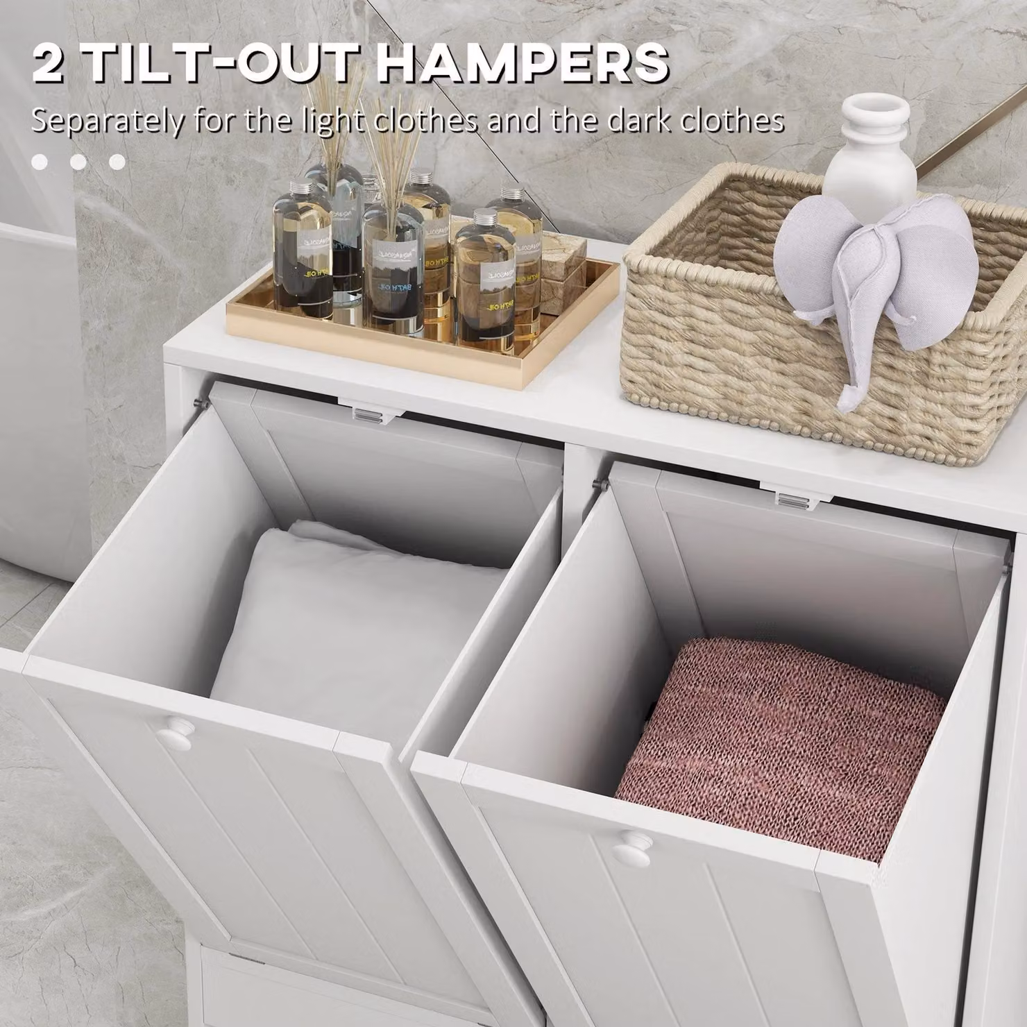 Kleankin White Tilt-out Laundry Storage Cabinet with 2 Compartment Hampers – 2