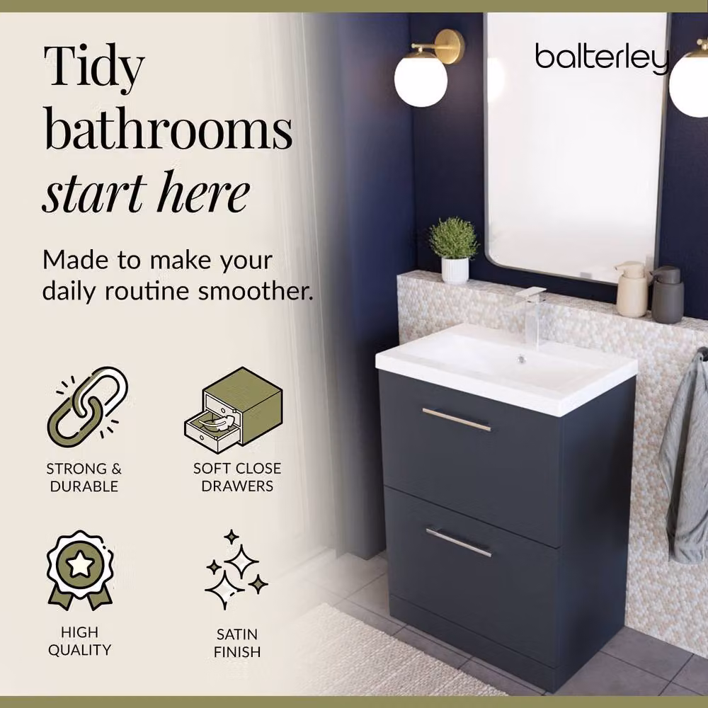 Balterley Modern 2 Drawer Floor Standing Bathroom Vanity Unit with Rectangular Mid-Edge Basin, Dark Grey, W: 61 cm, D: 39 cm, H: 84 cm – 6