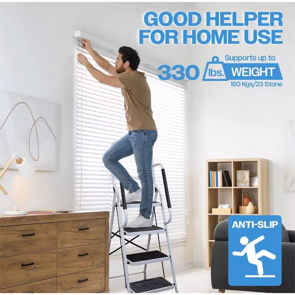 NESTLUNE 4 Step Folding Ladder with Dual Handrails in White, W: 100 cm, D: 40 cm – 3
