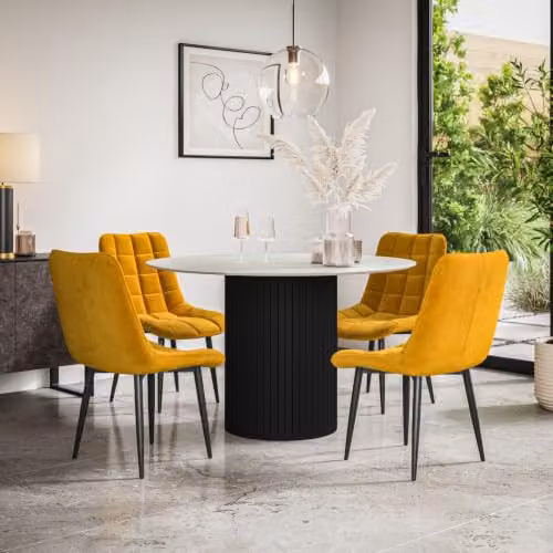 More4Homes Arlo White Marble Round Dining Table with Black Legs and 6 Mustard Nova Velvet Dining Chairs – 3