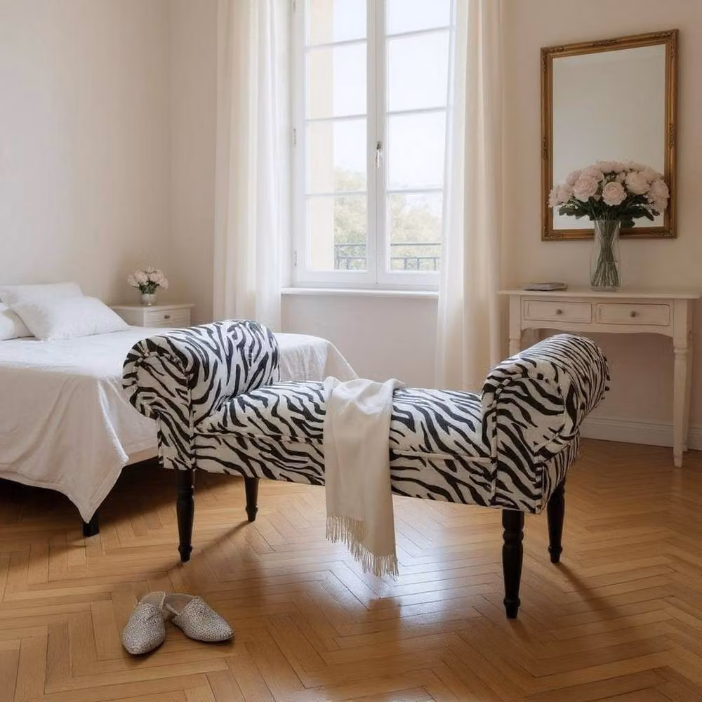 Minster Zebra Print Window Seat Sofa in White Velvet Fabric, W: 86 cm, D: 30 cm, H: 52 cm – 3