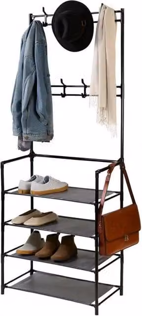 KORVIXA Modern Metal Hall Tree with Bench and 8 Hooks in Matt Black, W/D/H: 100 x 100 x 100 cm – 1