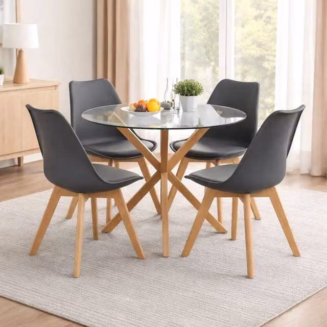 KOSY KOALA Round Glass Dining Table Set with 4 Grey Plastic Chairs