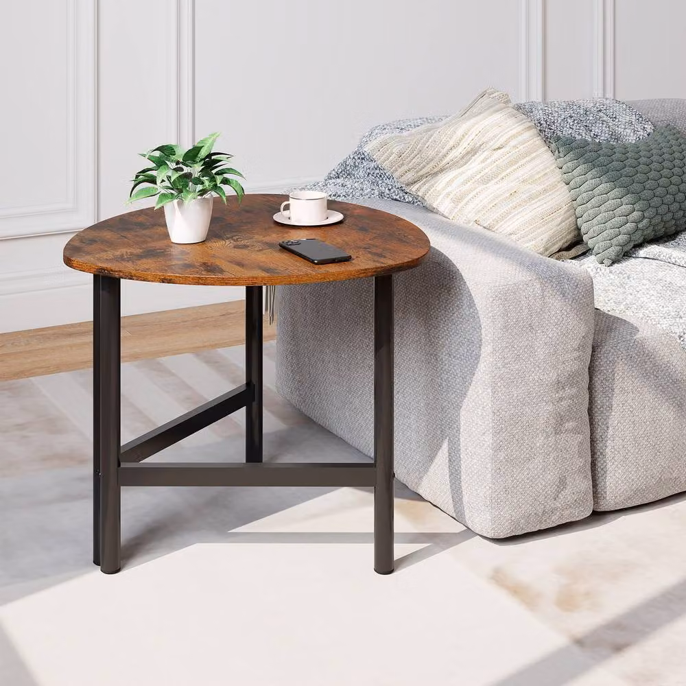 Costway Industrial Round Wooden Coffee Table and Sofa Side Table in Brown – 6