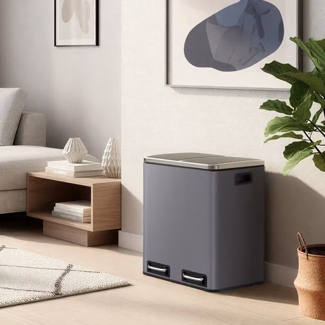 SONGMICS Double Kitchen Bin with Soft-Close Lids and Pedal Operation, Grey