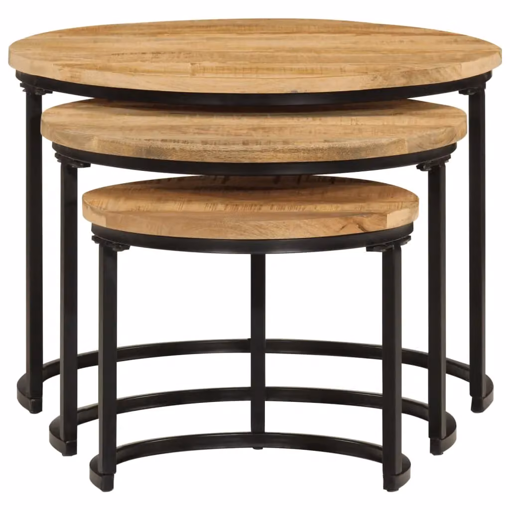 Berkfield Home Set of 3 Round Nesting Tables in Brown Rustic Mango Wood – 3