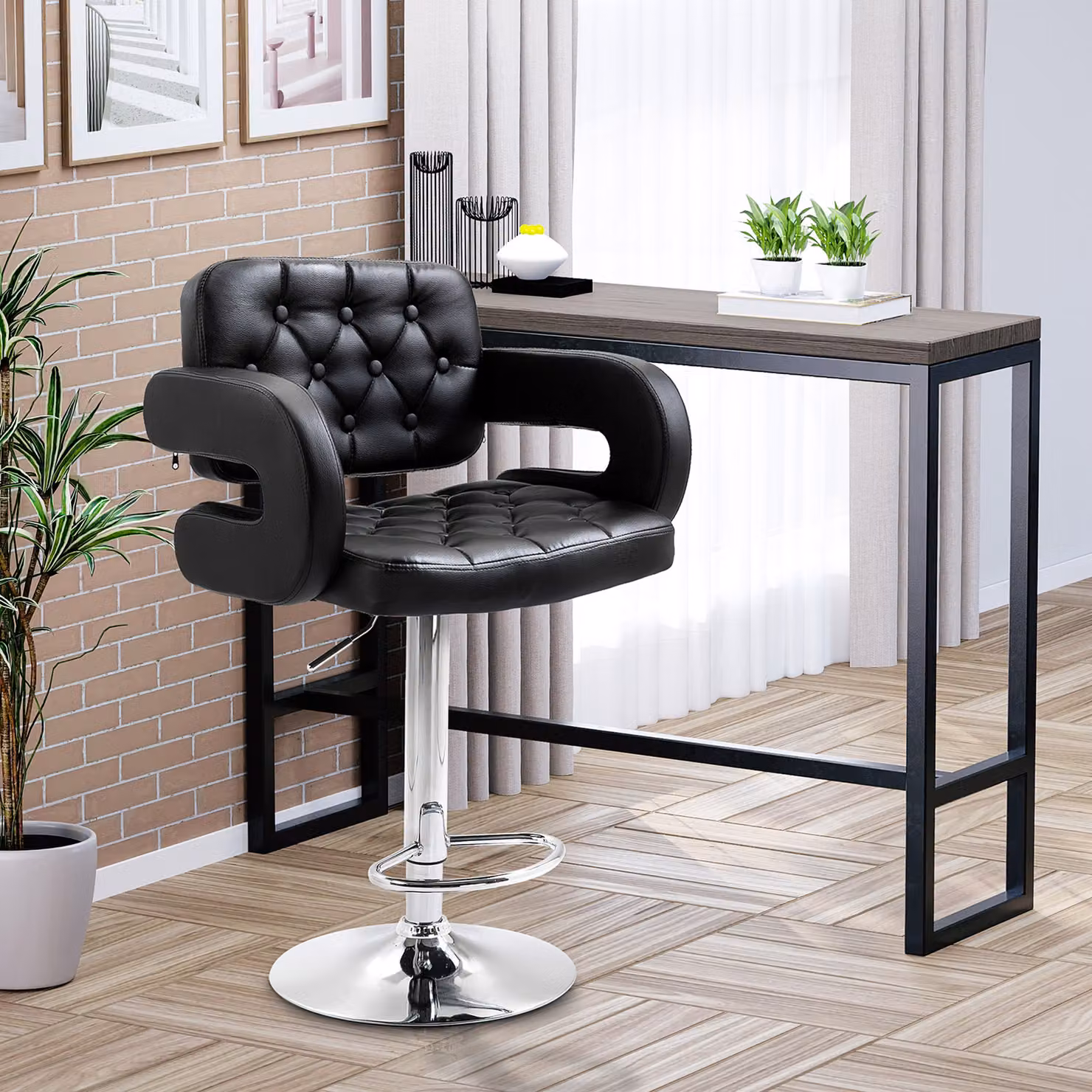 HOMCOM Black PU Leather Swivel Bar Stool with Back and Footrest, Height Adjustable – 2