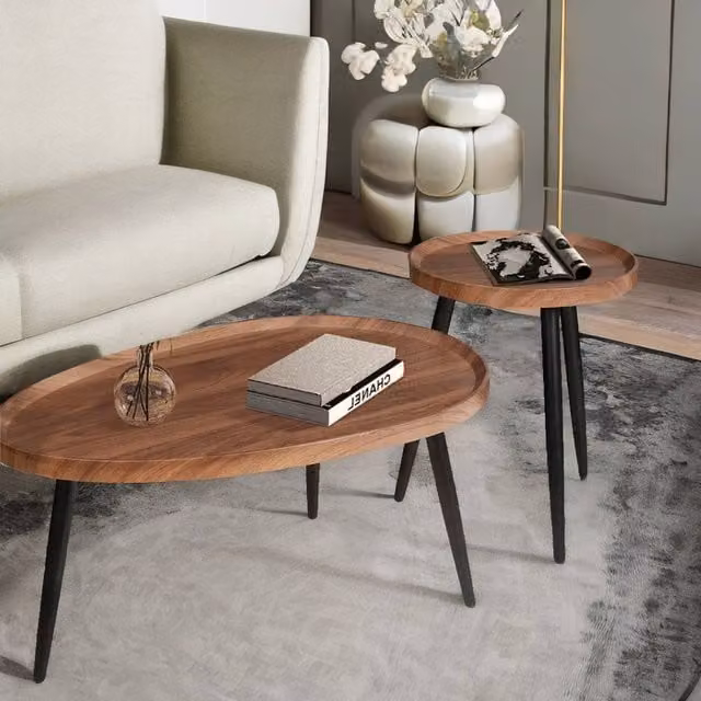 Pirlo Plush 2-Piece Nesting Tables in Dark Brown Walnut and Black Industrial Style