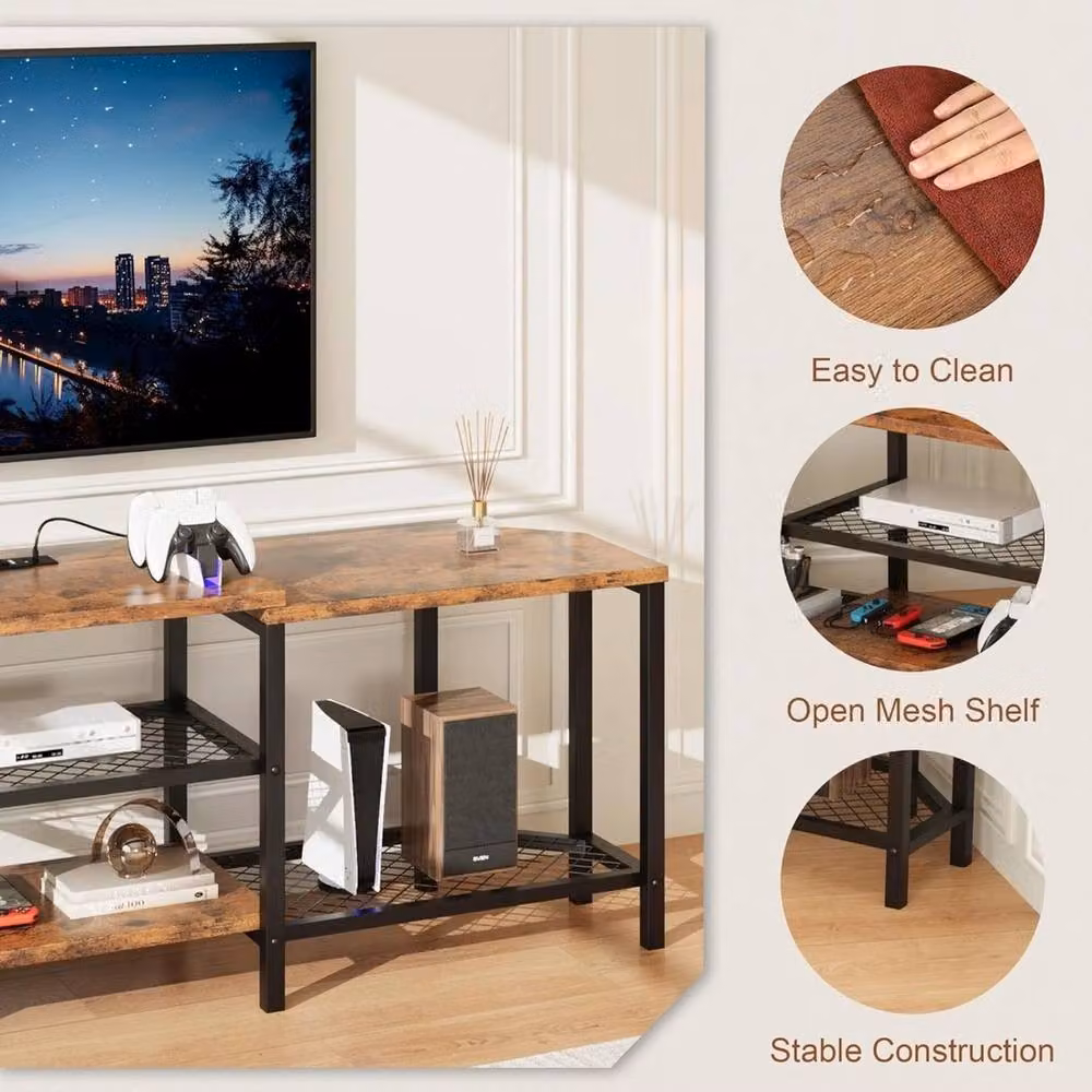 VOGREX Brown Industrial Wood TV Stand with Integrated LED Lights and Charging Station for up to 75 Inch TVs – 5