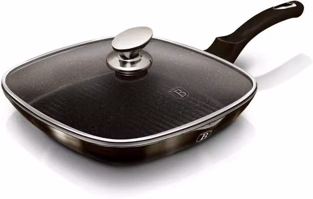 EONLION Non-Stick Black Aluminium and Stainless Steel Grill Griddle Pan with Lid and Pouring Spout