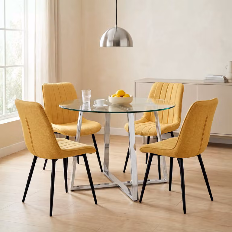 Kyvon Round Glass Dining Table Set with 4 Chairs in Yellow