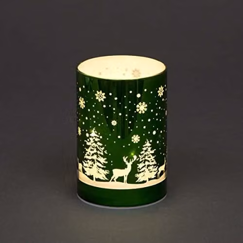 Shatchi Christmas Decorated Etched Glass Vase Table Lamp with Forest Scene, Green, H 13 cm – 1