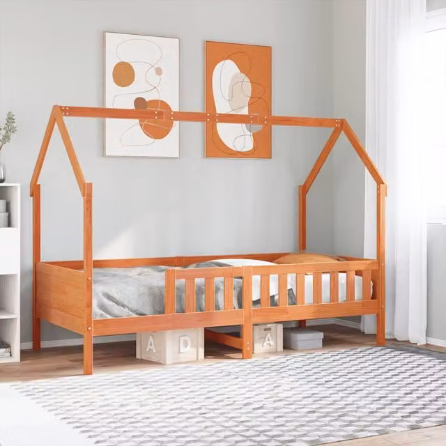 Berkfield Home Kids House Bed Frame in Waxed Brown Solid Pine, W/D/H: 90 x 190 cm