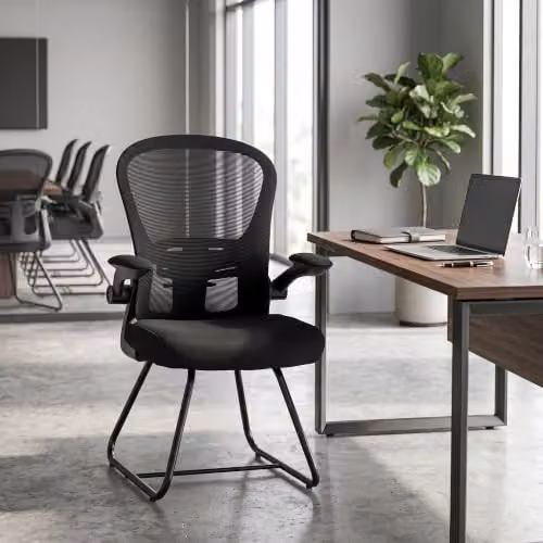 HOMCOM Black Conference and Reception Office Chair with Flip-up Armrests and Mesh Fabric – 2