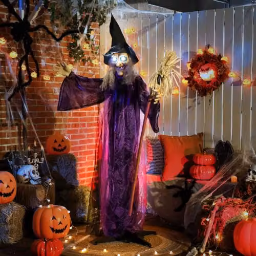Outsunny Voice Activated Halloween Animatronics Standing Witch with Broomstick, Purple, Height: 183 cm – 3