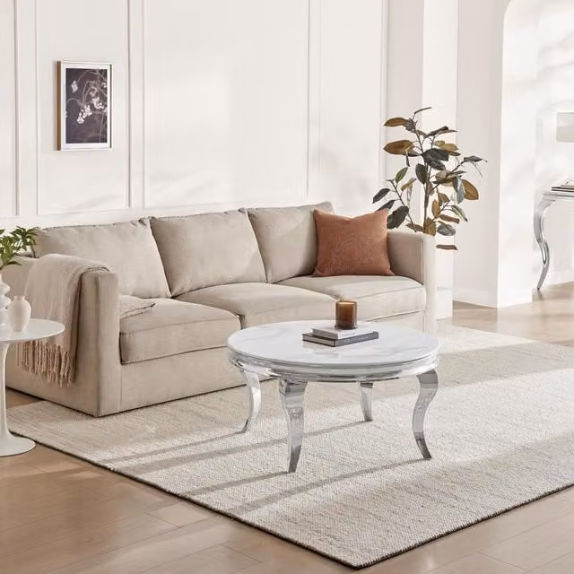 FurnitureboxUK Modern Round Glass and Metal Coffee Table in White, Grey and Silver