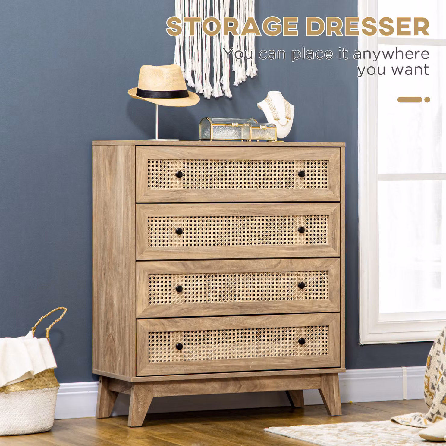 HOMCOM 4-Drawer Rattan Chest of Drawers Storage Organiser for Bedroom or Living Room, Brown or Green, W/D/H: 80 x 35 x 95 cm – 2