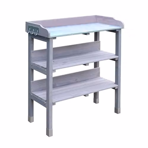 Garden Gear 3-Tier Wooden Potting Table with Grey Galvanised Steel Worktop, Height: 92 cm – 1