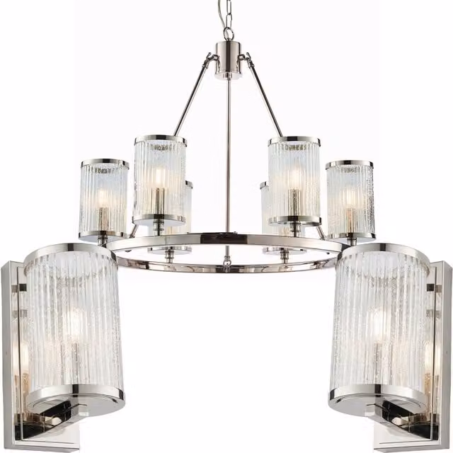 Loops 6-Lamp Ceiling Light and 2-Piece Matching Wall Light Set in Silver with Transparent Ribbed Glass Shades – 1