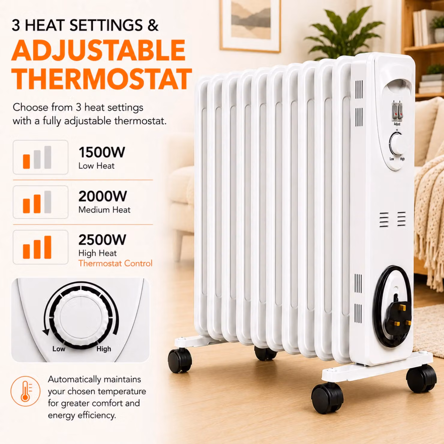 MYLEK 2.5kW Electric Oil Filled Portable Radiator with Adjustable Thermostat in White – 2