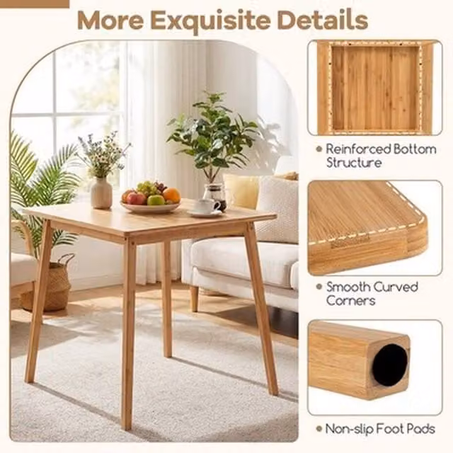 NESTLUNE Square Bamboo Dining Table in Beige and Brown, W/D/H: 70 x 70 x 15 cm – 1