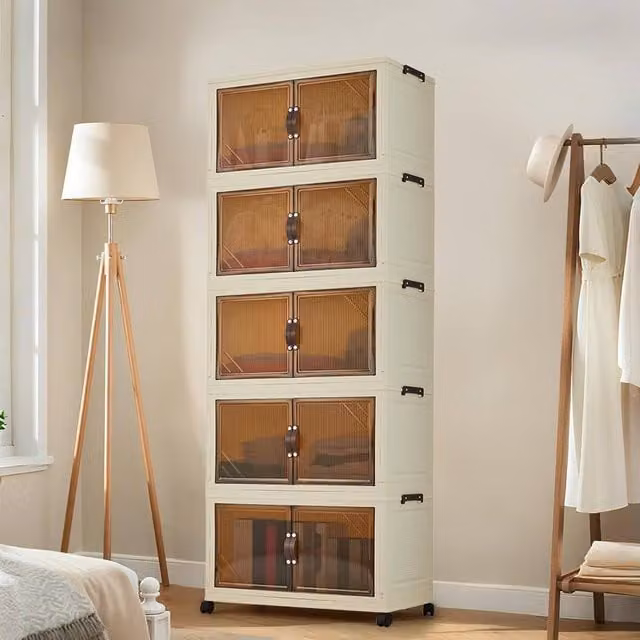 London Boutique Stackable 5-Tier Plastic Wardrobe Organiser Clothes Storage Box in Beige